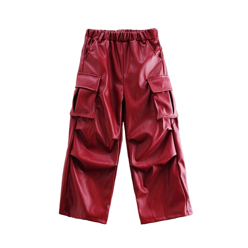 Jazz Dance Costume Black Umbilical T-shirt Wine Red Leather Pants Suit Children KPOP Dance Costume Hip-hop Stage Clothes