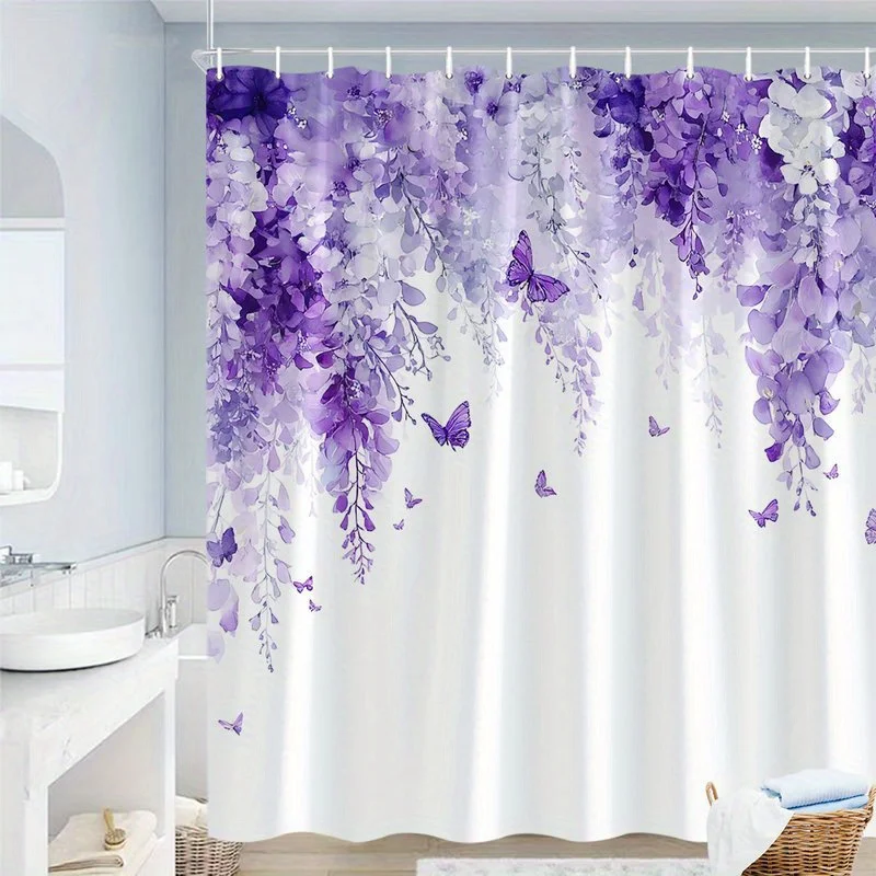 

Floral Shower Curtain – Purple White Wisteria, Butterflies, 2D Flat Print, Polyester, Grommet Top, 71x71 inch