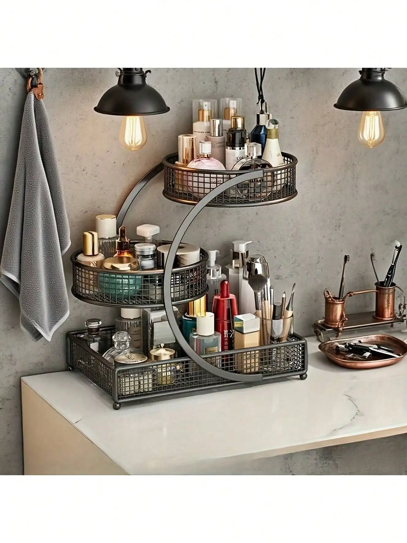 

Senmeo 1pc Sleek 3-Tier Metal Cosmetic Organizer (No Installation), Space-Saving For Dressing Table/Bathroom