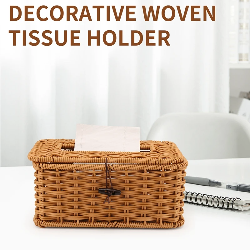 Rattan Rectangular Tissue Box Cover - Boho Decorative Woven Tissue Holder,Vintage Farmhouse Tissue Dispenser for Home-A13G