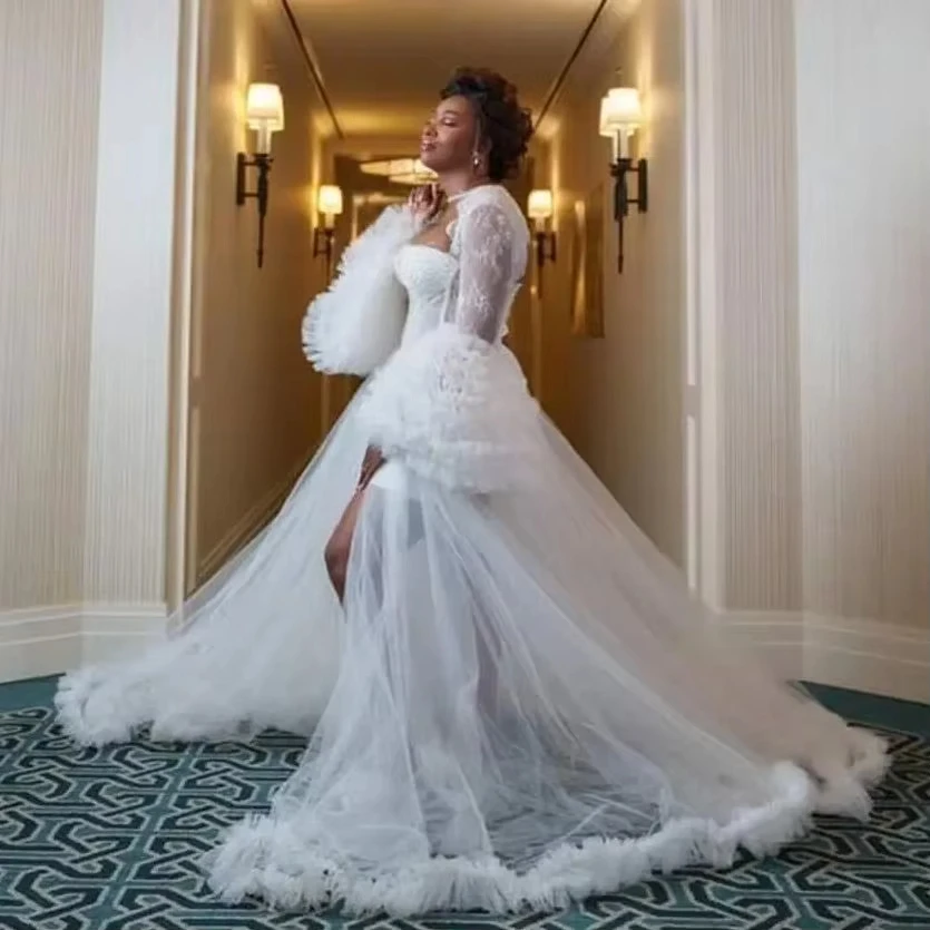 

Роскошное кружевное свадебное платье макси с запахом, нижнее белье по индивидуальному заказу, женские тюлевые платья, свадебная будуарная одежда для сна, ночная рубашка, свадебная одежда