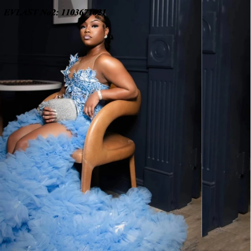 

EVLAST Customized 2025 Sky Blue Ruffles Floral Mermaid Prom Dress Black Girls Crystal Beaded High Slit Evening Party Gown E2P506