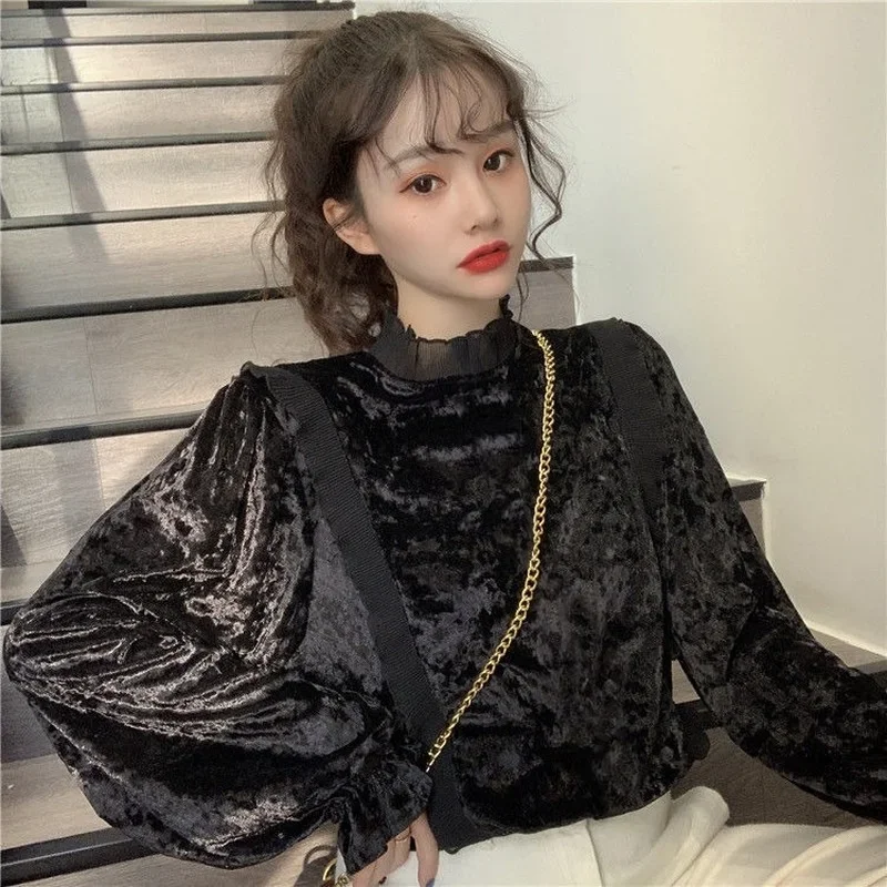 2025 New Korean Patchwork Blouses Women Stand Collar Puff Sleeve Long-sleeved Shirt Dropshipping Womens Blouses