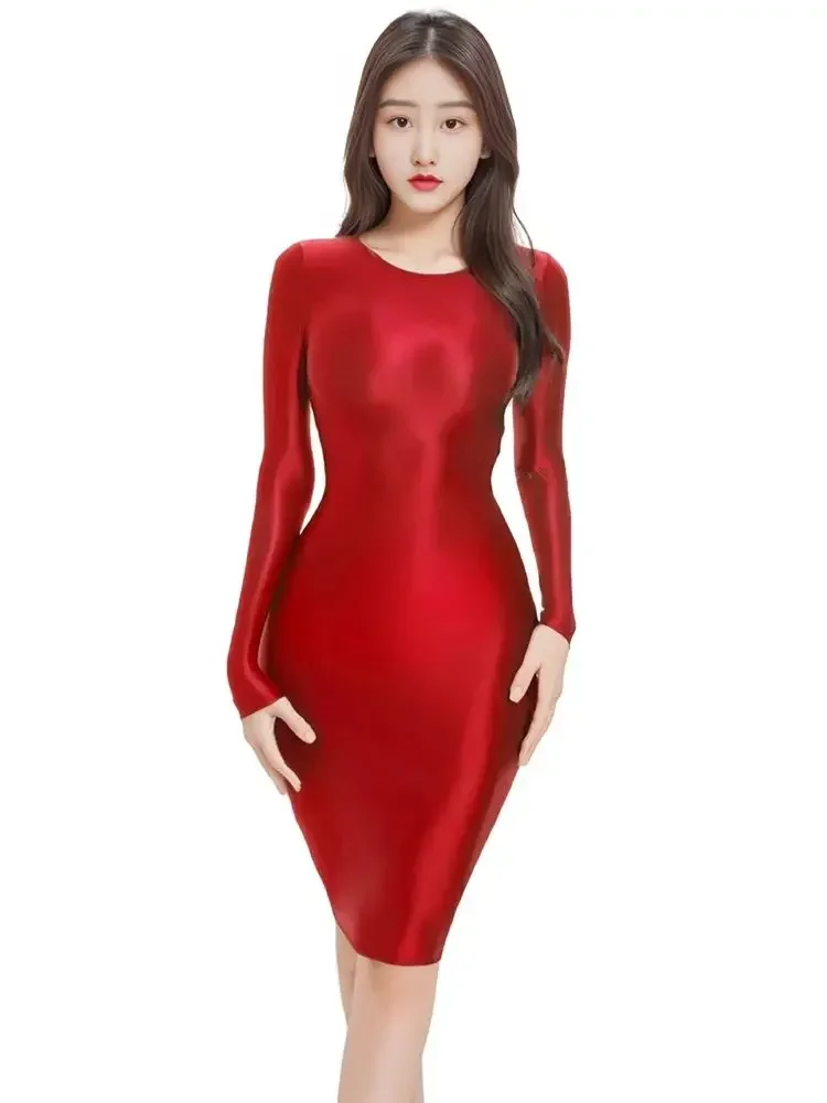 Long Sleeve Glossy Shiny Midi Dress Tights Package Hip OL Vestido Sexy Bodystocking Dresses Fantasy Clubwear Minifalda Robe Body