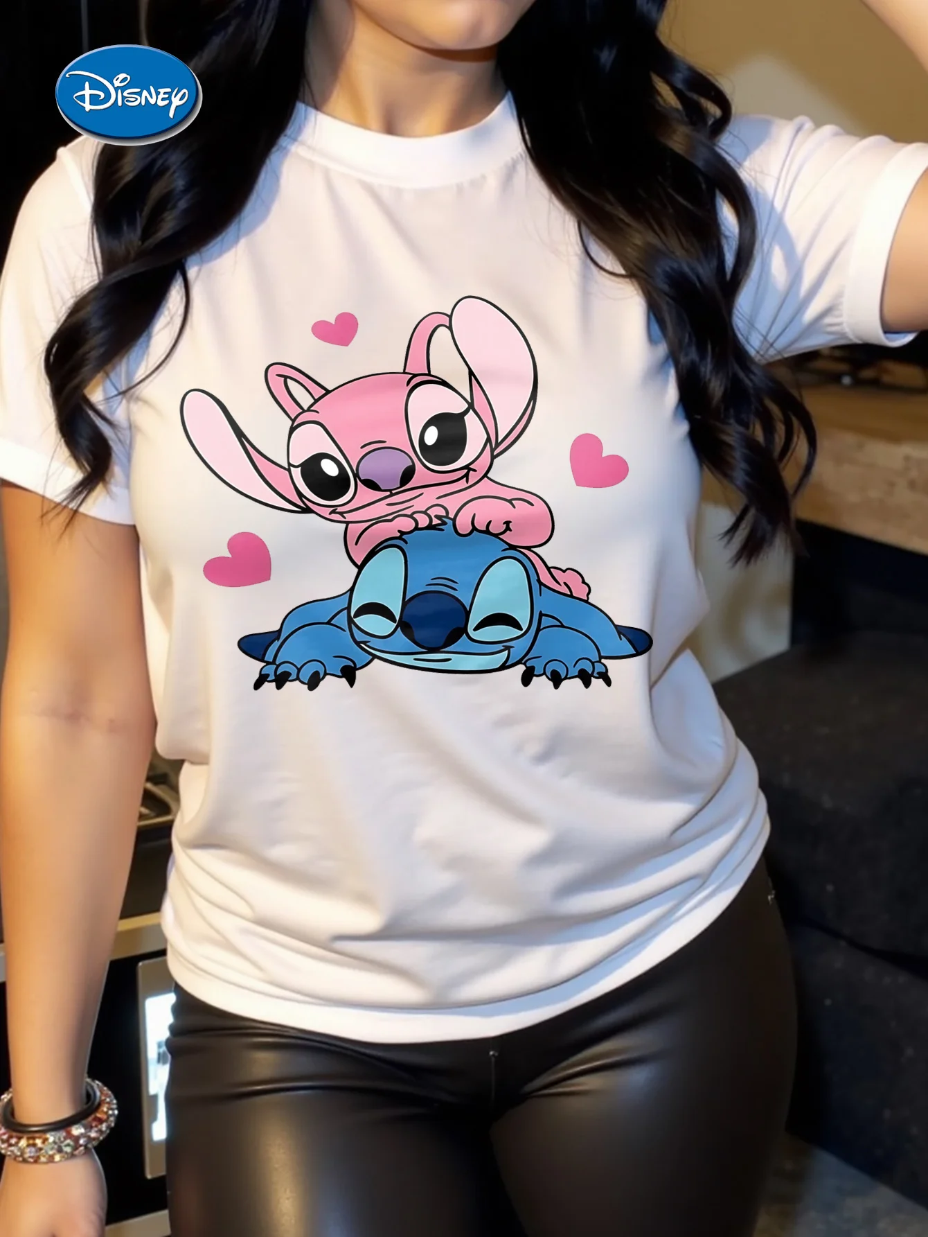 

2025 Disney Pattern Printed Women's Casual Comfortable Unique Smiling Face Black Round Neck Short Sleeve T-shirt