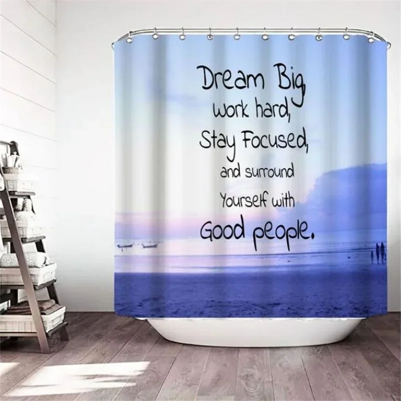 Inspirational Shower Curtains Quotes Aphorisms Ocean Retro City Nature Scenery Print Bath Curtain Cloth Bathroom Decor Set Hooks