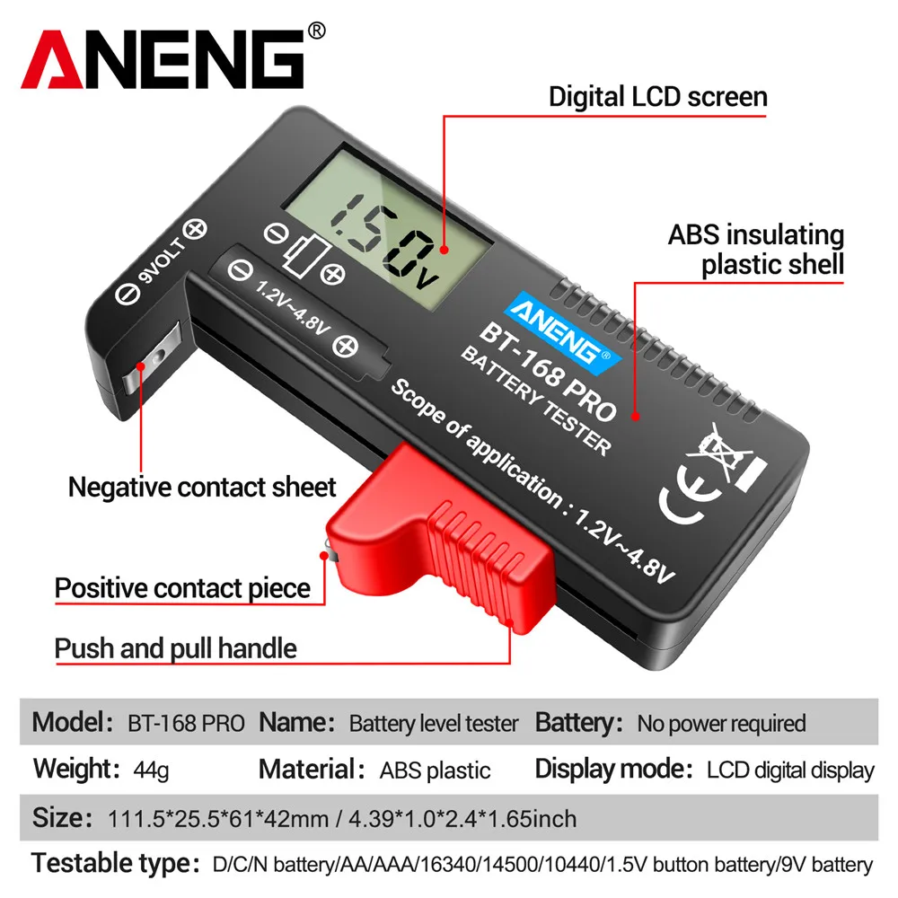 ANENG BT-168 PRO Digital Lithium Battery Capacity Tester Checkered Load Analyzer LCD Display For AAA AA 9V 1.5V 18650 Batteries