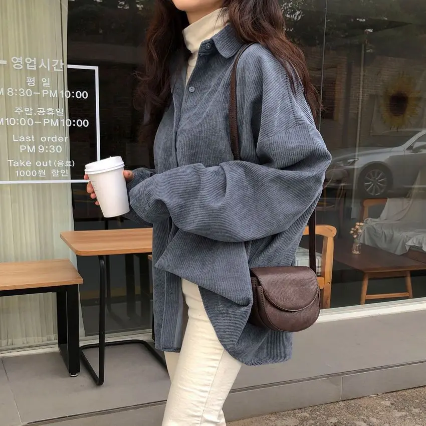 Autumn New Lazy Style Shirt Retro Loose Mid-length Bat Sleeve Corduroy Shirt Spring Coat for Women