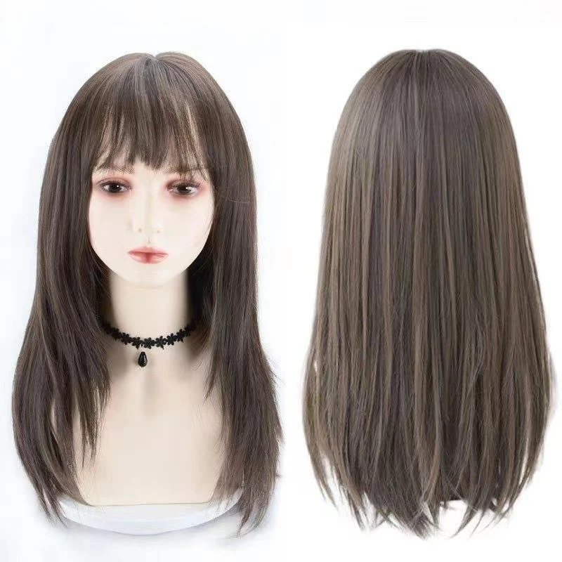 

Full-length women's wig with realistic natural short , long straight hair, air bangs, and voluminous style