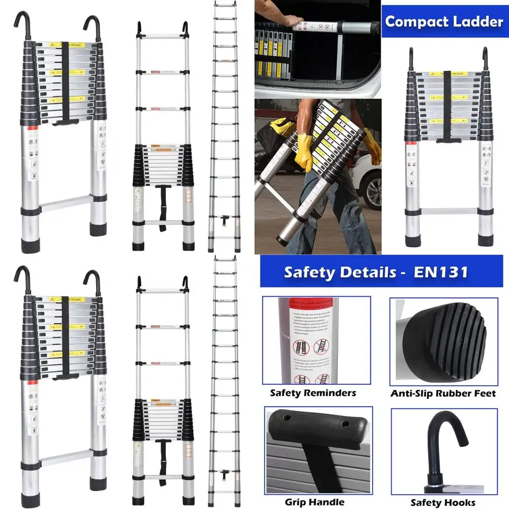 Escalera Plegable Resistente Ajustable de 5 Metros con Ganchos Desmontables, Capacidad de 150 kg, Certificación EN131, Extensible y Portátil