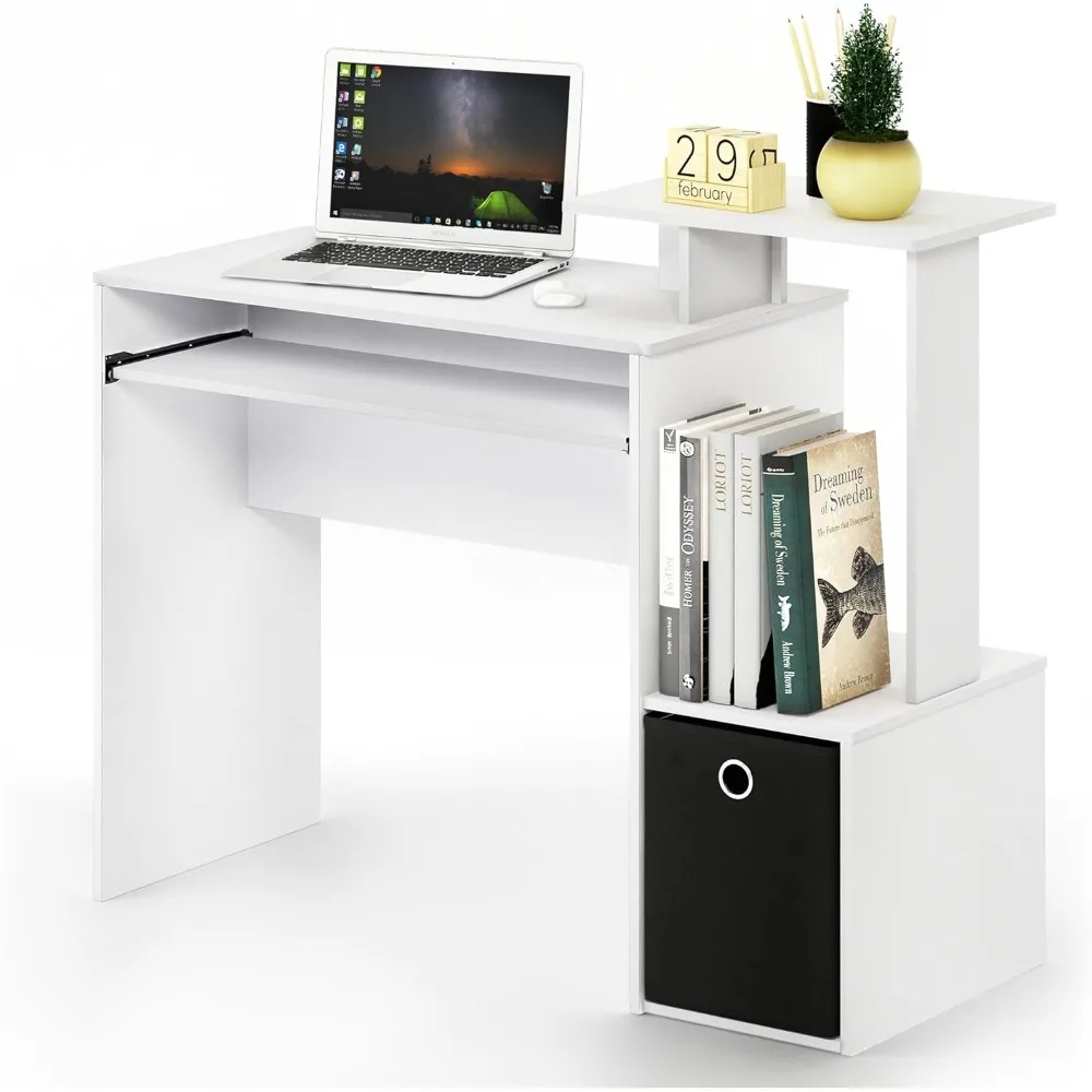 Compact Multipurpose Computer Desk with Keyboard Tray & Storage Shelves, White/Black - Home Office Essential