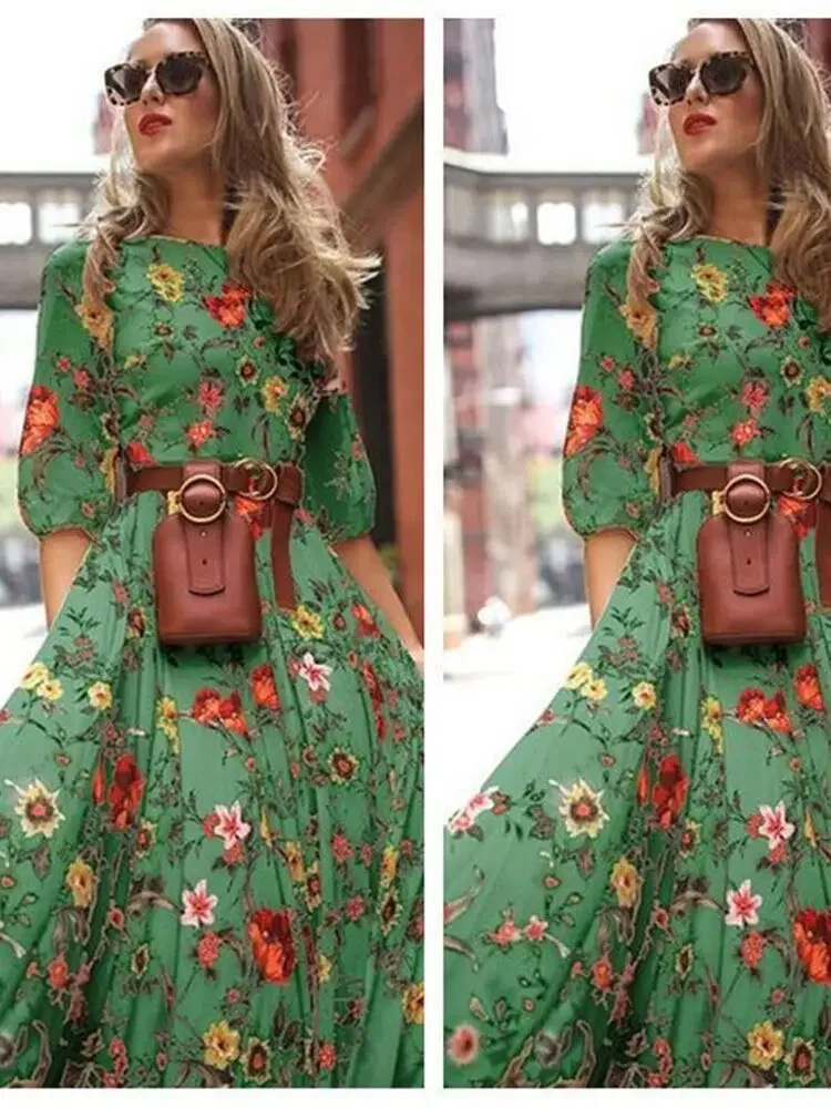 Spring Elegant Floral Print Maxi Dress Women Casual 3/4 Sleeves O-neck Slim Boho Party Long Dresses Robe Femme Beltless