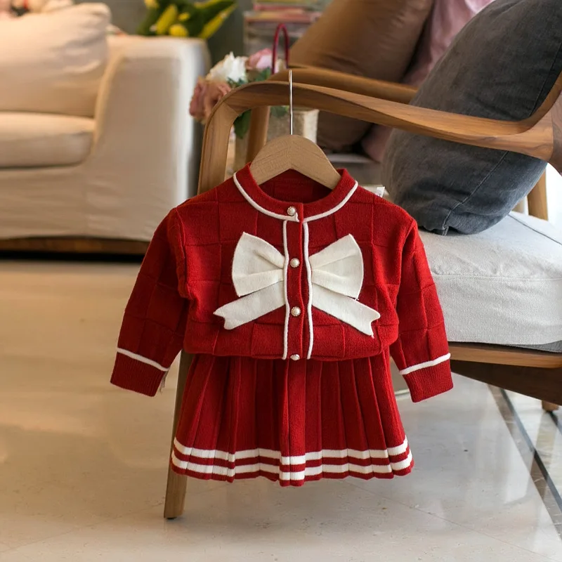 2023 Autumn Winter Girls\' Set Children\'s New Large Bow Sweater Single breasted Cardigan Coat+pleated Skirt Baby Kids Suit