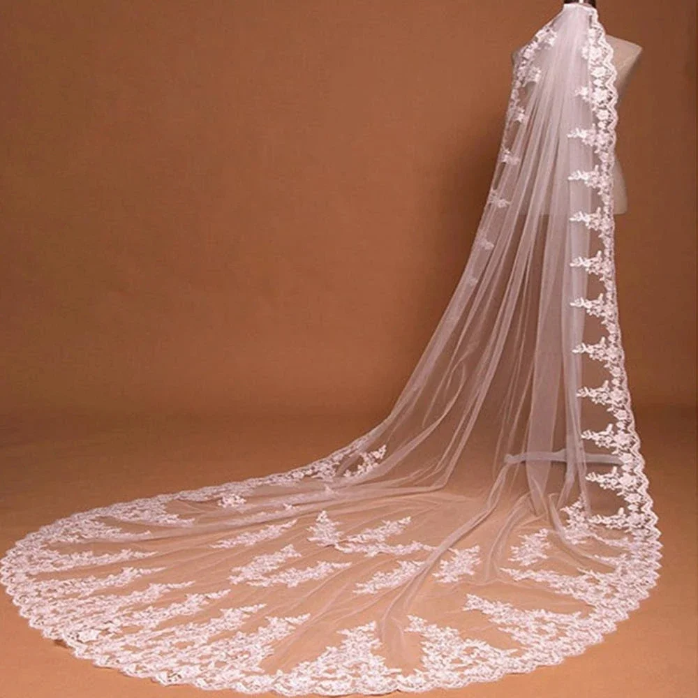 Voile de mariage long blanc ivoire pour patients, appliques de dentelle, filet doux, une couche, cathédrale, nouveau