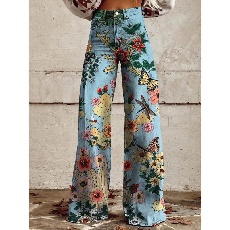 

New retro downgraded imitation denim women's pants with wide legs, new trendy high-waisted casual retro punk women's jeans