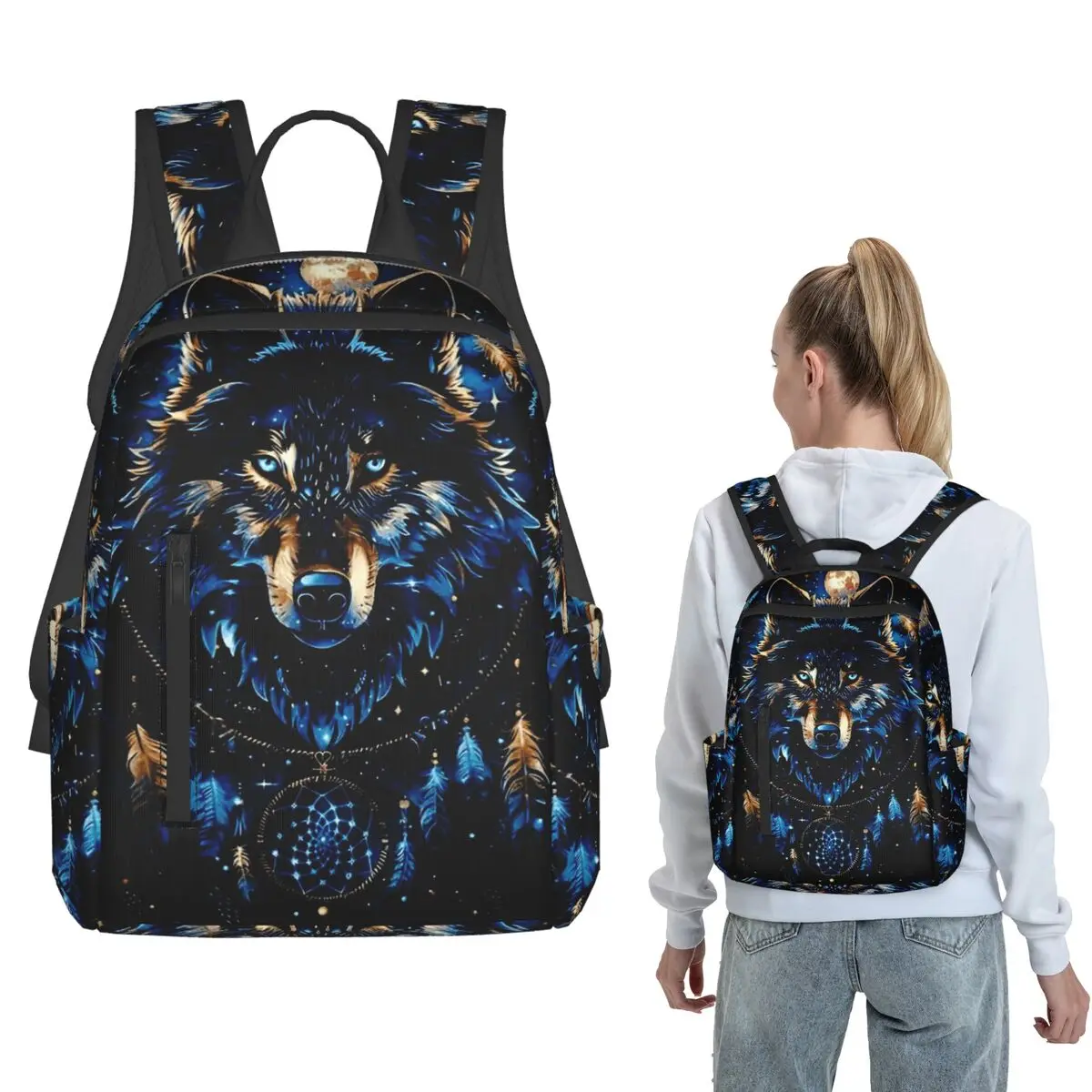 Dreamy Ethnic Style Wolf Backpack Large Capacity Kids BookBag School Bag Shoulder Bags for Men Women