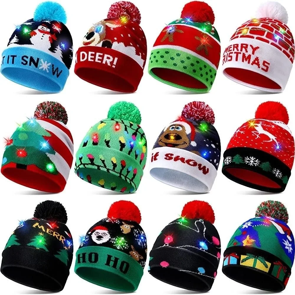 

Christmas Hat Knitted Holiday Party Adult Children LED Light Hat