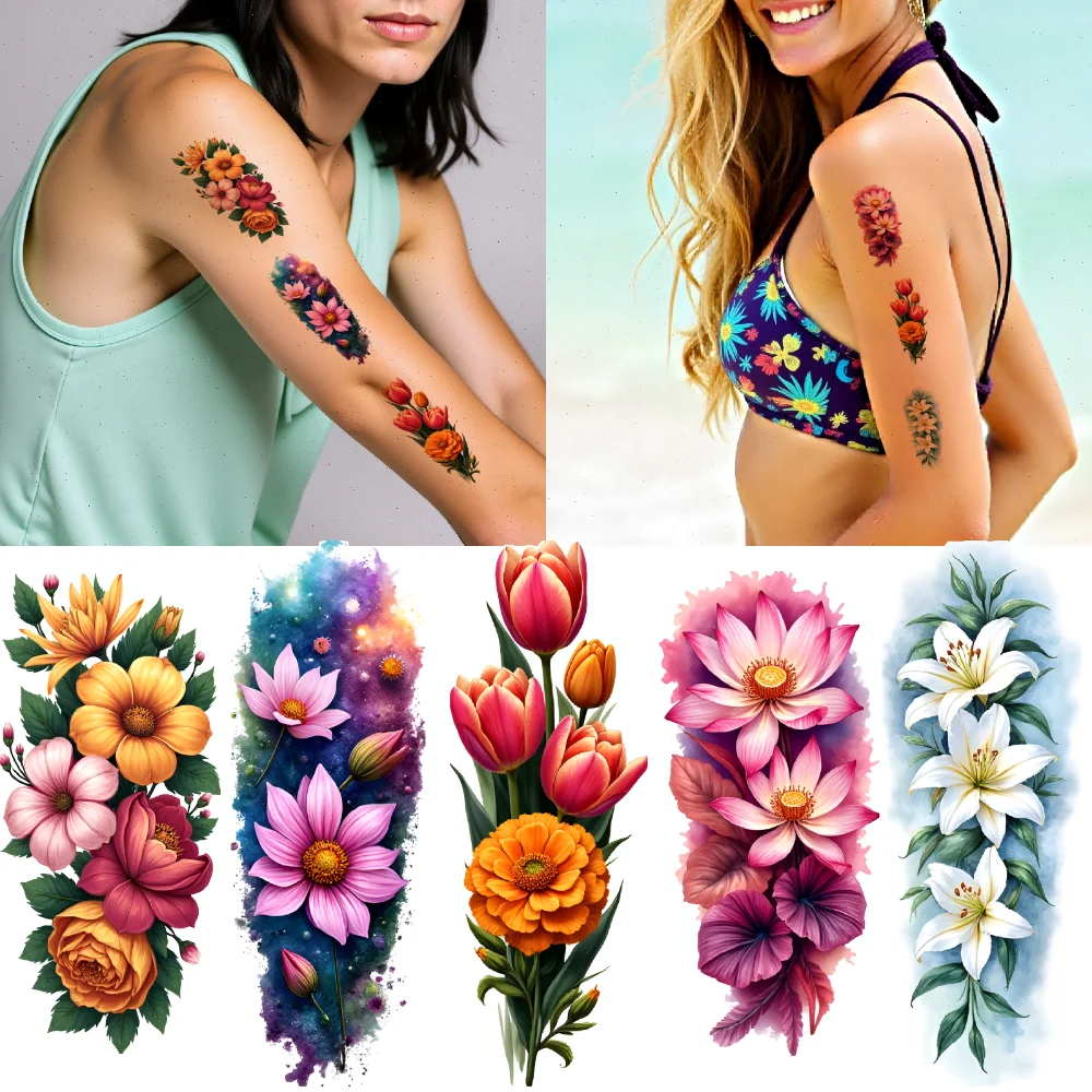 

9 шт. временные татуировки цветочные татуировки красочные реалистичные красочные цветы водонепроницаемые долговечные наклейки на тело для мужской спины