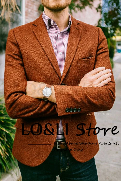 2023 Spring Vintage Tweed Blazer For Men Brown Herringbone Jacket Slim Fit Custom Made Casual Costume Hombre Standard Lapel