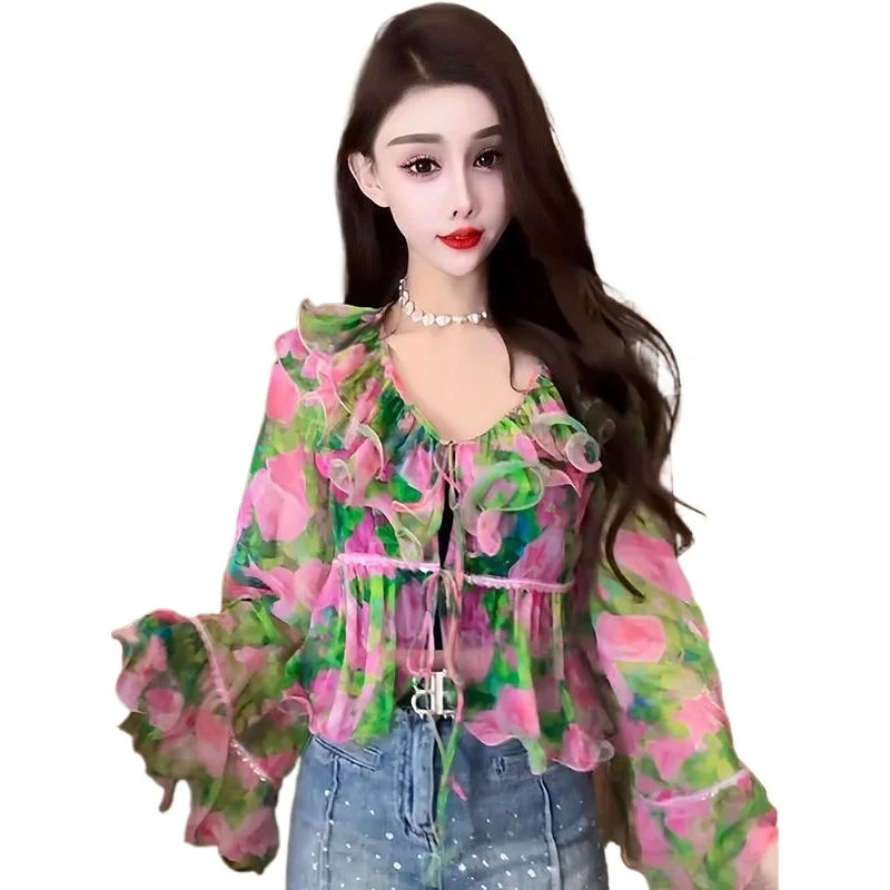 

Women Shirt V-neck Ruffled Long Sleeved Floral Shirt 2026 New Summer Top