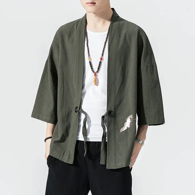 Cotton Linen Kimono Cardigan Men Japanese Obi Male Yukata Men Haori Thin Causal Samurai Clothing Traditional Streetwear Jacket