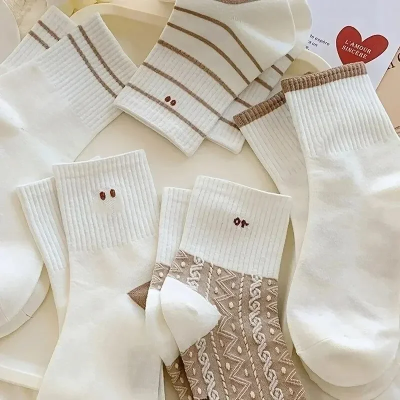 5 Pairs Cute Smiling Print Socks, Comfy & Soft Crew Sports Socks, Women's Stockings & Hosiery image 2