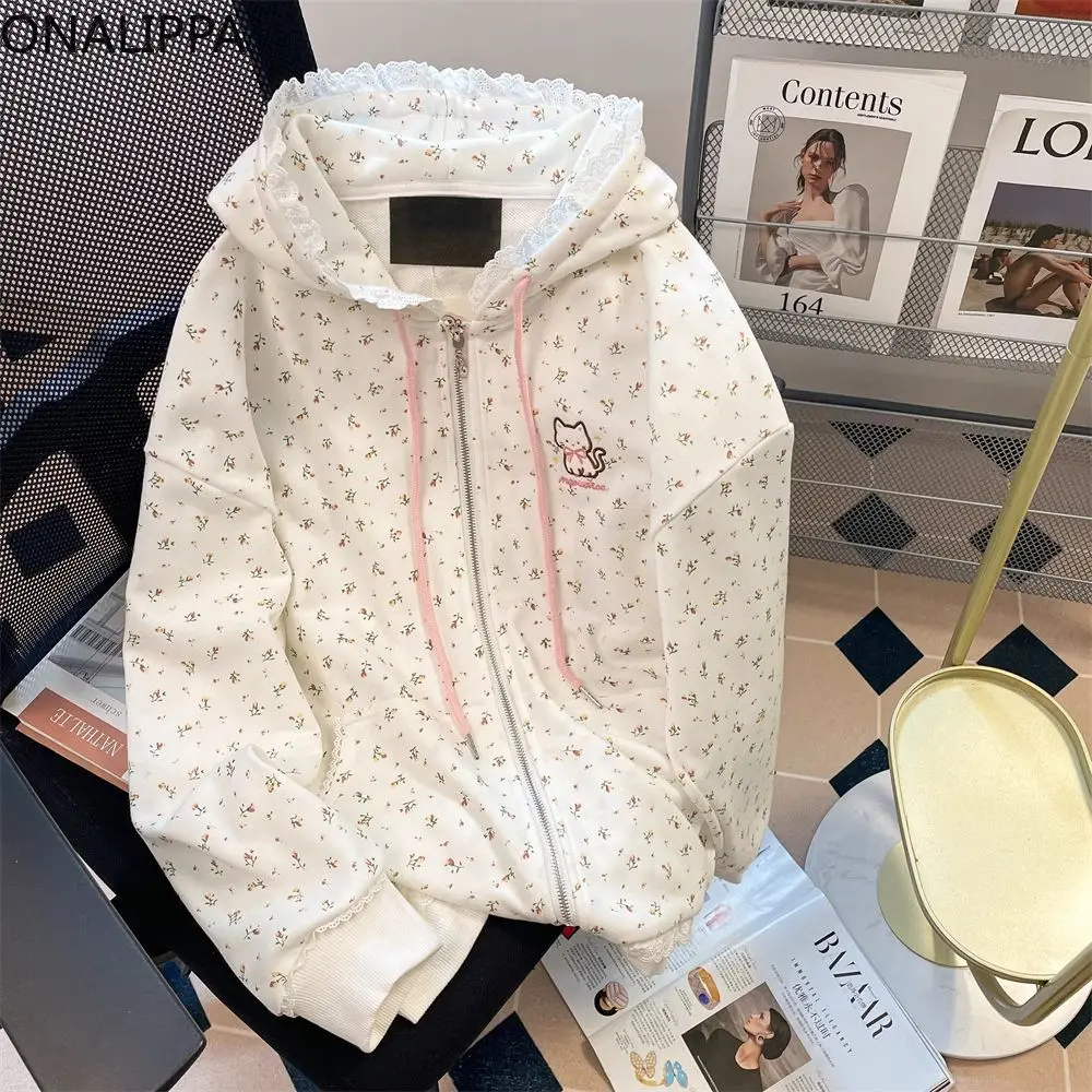 Onalippa Kawaii Cat Embroidery Floral Sweatshirt Hoodie Lace Wood Ear Hem Patchwork Hoodies Zip Up Mid-length Hoodie Bape