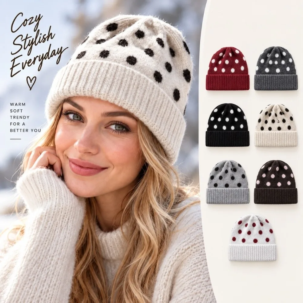 Sweet Retro Knitted Beanies Cap Polka Dot Pattern Wool Blend Hooded Hat Thickened Warm Cold Hat Winter Season