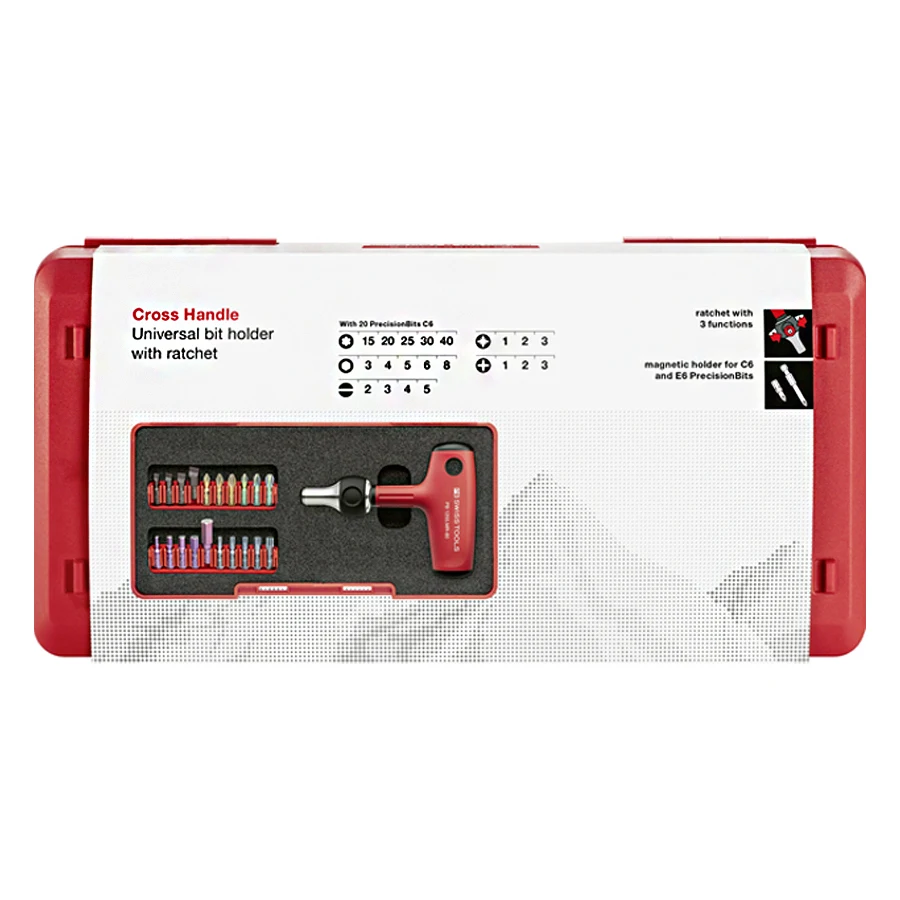 PB SWISS Tools PB 1255.MR Set CBB Cross Handle Universal Bit Holder with Ratchet Screwdriver with 20 Screwdriver Bits