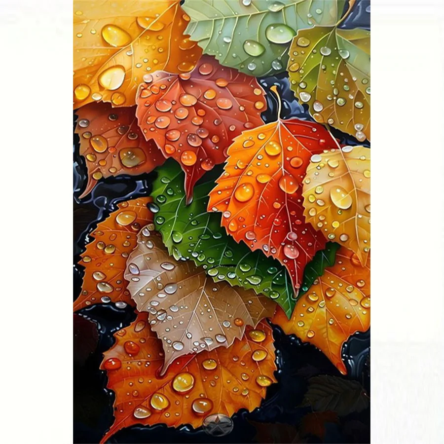 Peinture au diamant 5D Feuille d'érable Goutte d'eau Splendeur Automnale |   Artisanat en acrylique rond aux couleurs vibrantes et au design de feuilles détaillées