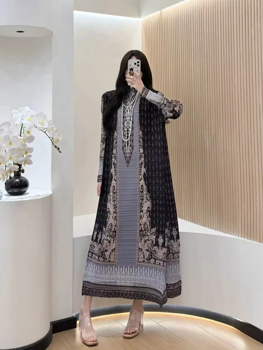 

KAF Fashion Elegant Women Robe 2026 New Round Neck Long Sleeve Retro Printed Design Loose Large Luxury Evening Dress