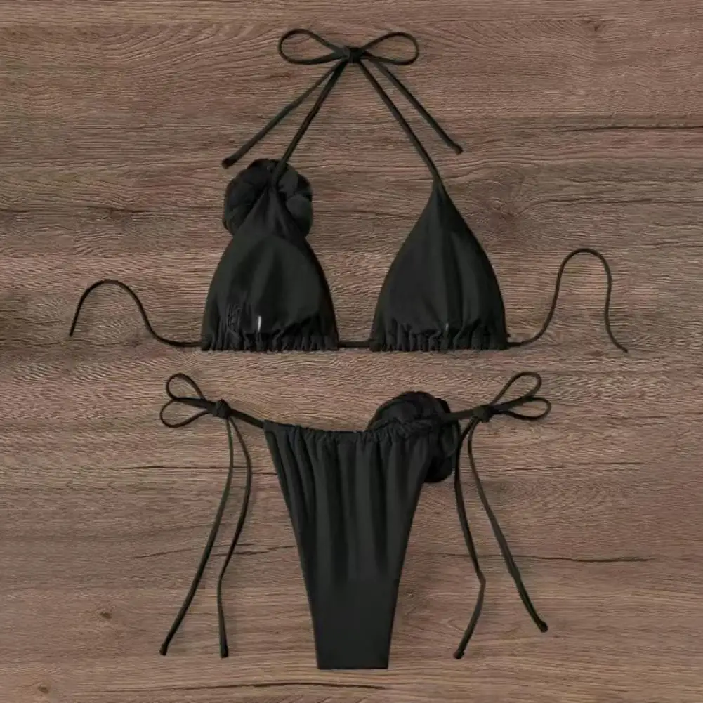 2Pcs/Set Women Bikini Set Lace-up Halter Padded Bra Swimming Trunks Set 3D Flower Decor Beach Style Swimwear