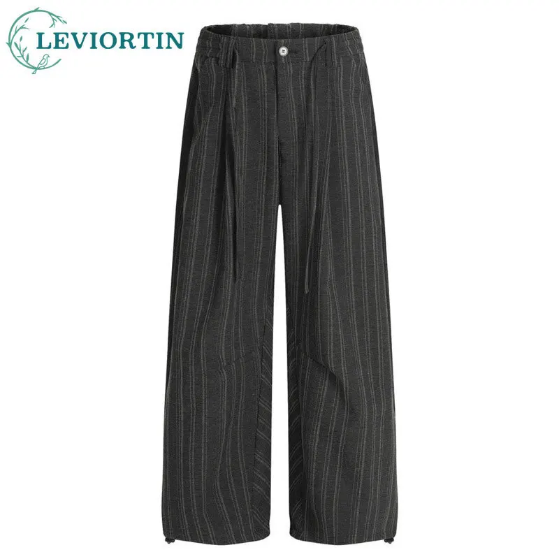 

Весенне-осенние повседневные брюки в американском стиле ретро в вертикальную полоску, мужские модные уличные модные спортивные брюки с карманами на молнии и морщинами