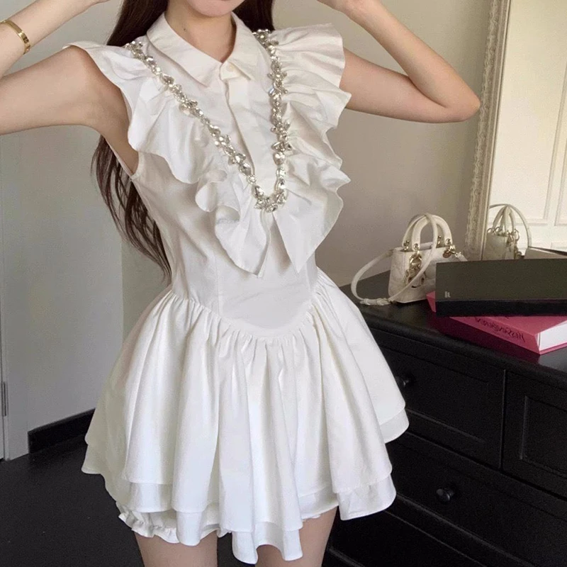 2024 Summer New Diamond Inlaid Lotus Leaf Edge Bubble Sleeve Short Shirt Top High Waist Look Thin Flower Bud Skirt