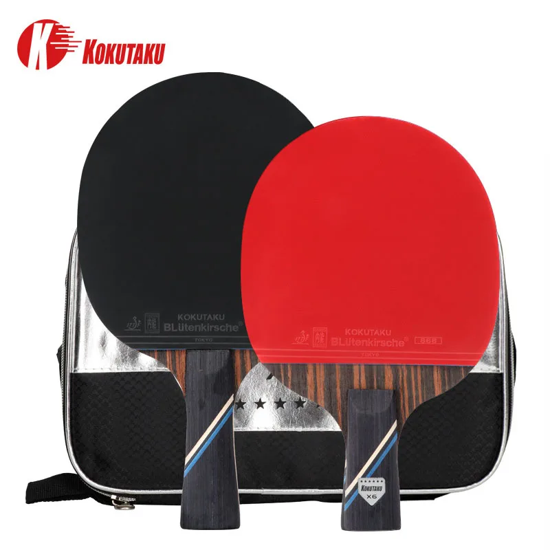 

KOKUTAKU 2PC Ping Pong Racket Set 6 Star Ebony + Carbon Pimples-in Table Tennis Paddle with Bag