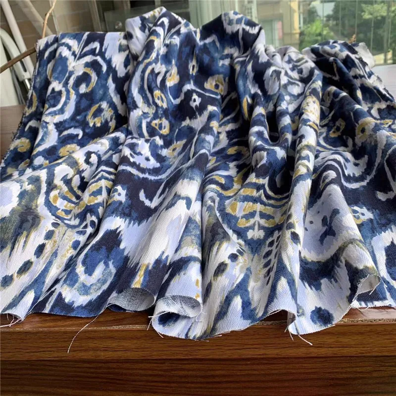 

1 ярд Blue Zaza Digital Flower telas Рубашка и брюки платье Cheongsam ткани Высококачественная льняная хлопковая ткань для материала