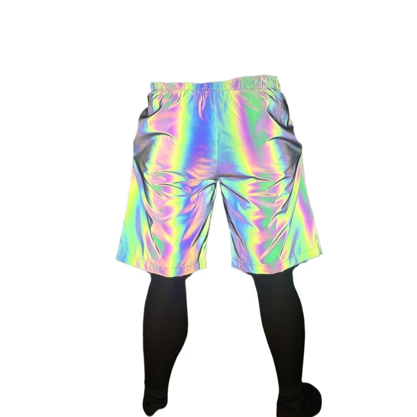 Men's Summer Reflective Shorts Elastic Waist High Street Loose Fit Reflect Short Pants Baggy Colorful Reflective Short Joggers