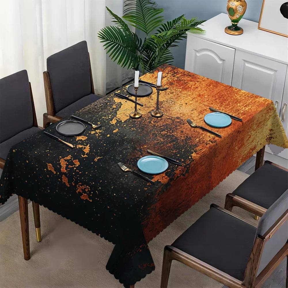 1pc Rustic Red Black Golden Abstract Art Tablecloth -  Rectangular Table Cover with Fan Edges,  for Dining Room, Kitchen, Party
