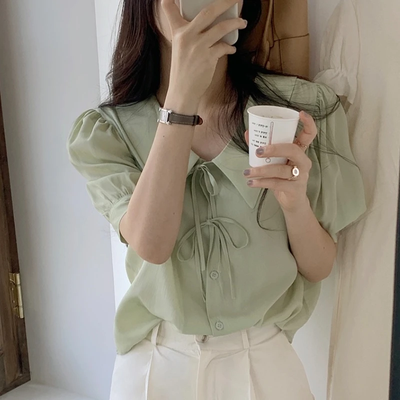 Shirts Women French Style Retro Sweet Bandage Girlish Fashion Peter Pan Collar Lovely Office All-match Cropped Korean Version