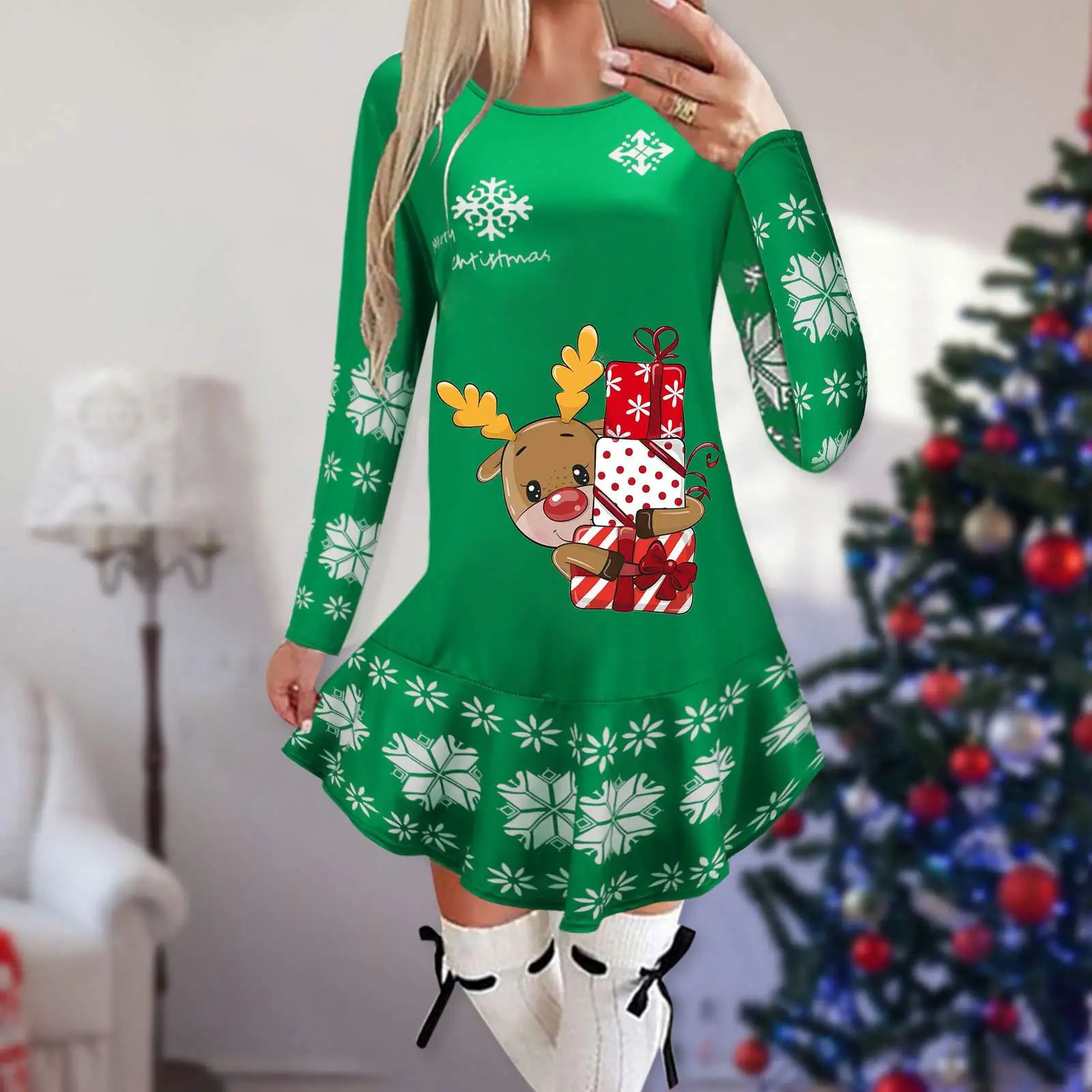 Christmas Theme Dress For Women Christmas Cartoon Print Winter Long Sleeve Dresses Fashion Pullover Evening Party Vestidos 2023