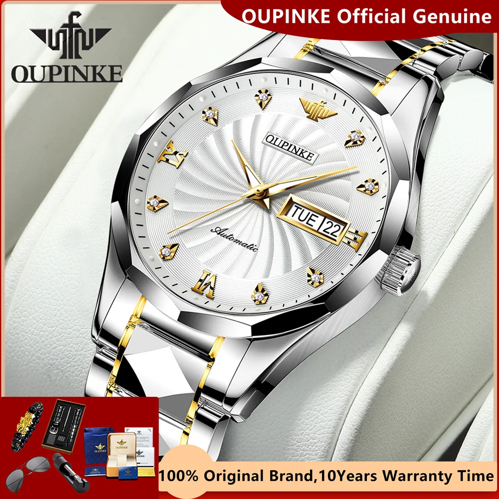 OUPINKE Mechancial Watches for Men Diamond Scale Tungsten Steel Strap Waterproof Calendar Business Men's Watches Automatic Watch