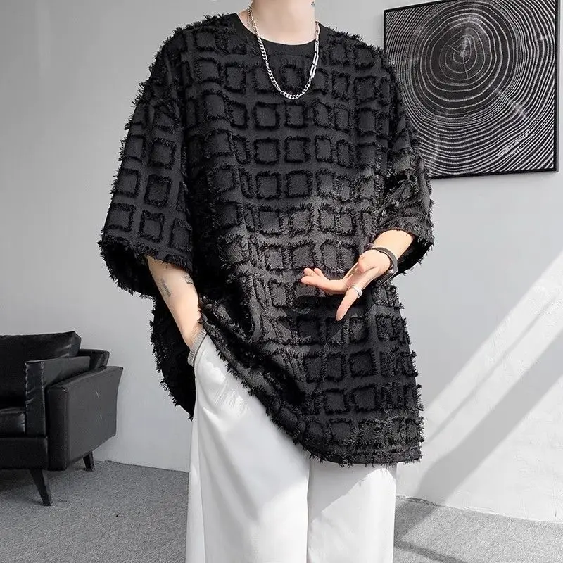 

Summer 3d Tassel Plaid Short Sleeve Men O Neck T Shirts Students Fashion Harajuku Hip Hop Casual Oversized Streetwear Tops Black
