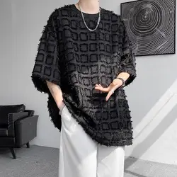 Summer 3d Tassel Plaid Short Sleeve Men O Neck T Shirts Students Fashion Harajuku Hip Hop Casual Oversized Streetwear Tops Black