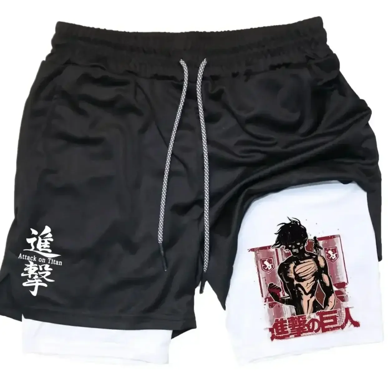Attack on Titan2026 Nieuwe Hot Anime Heren Zwart Wit Tweelaags Sportshort met Gespierde Titan Print Binnenvoering Rood