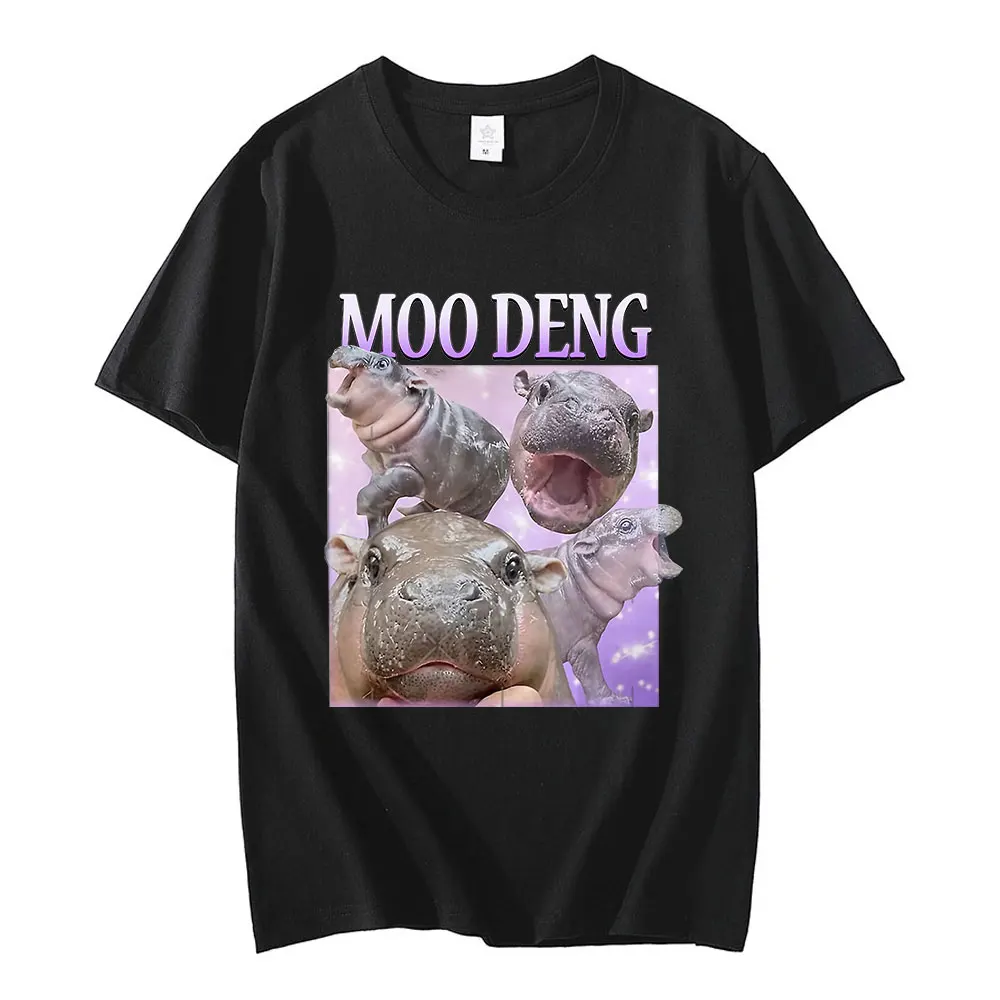 Moo Deng Cute Baby Hippo Funny Meme Graphic T-shirt Men Women Cotton Casual T-shirt Fashion Kawaii Oversized T Shirts Streetwear