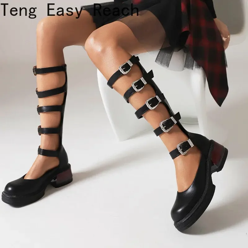 Plus Size 45 Design Platform Thick Heel Mid Calf Boots Women Punk Cool Gothic Black Buckle Shoes Woman High Boots Women\'s Boots