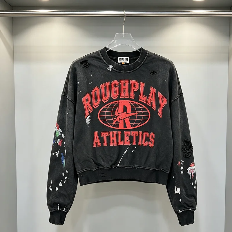 Rough Play Men Crew Neck Sweatshirt Globe Letter Print Paint Splatter Distressed Pullover