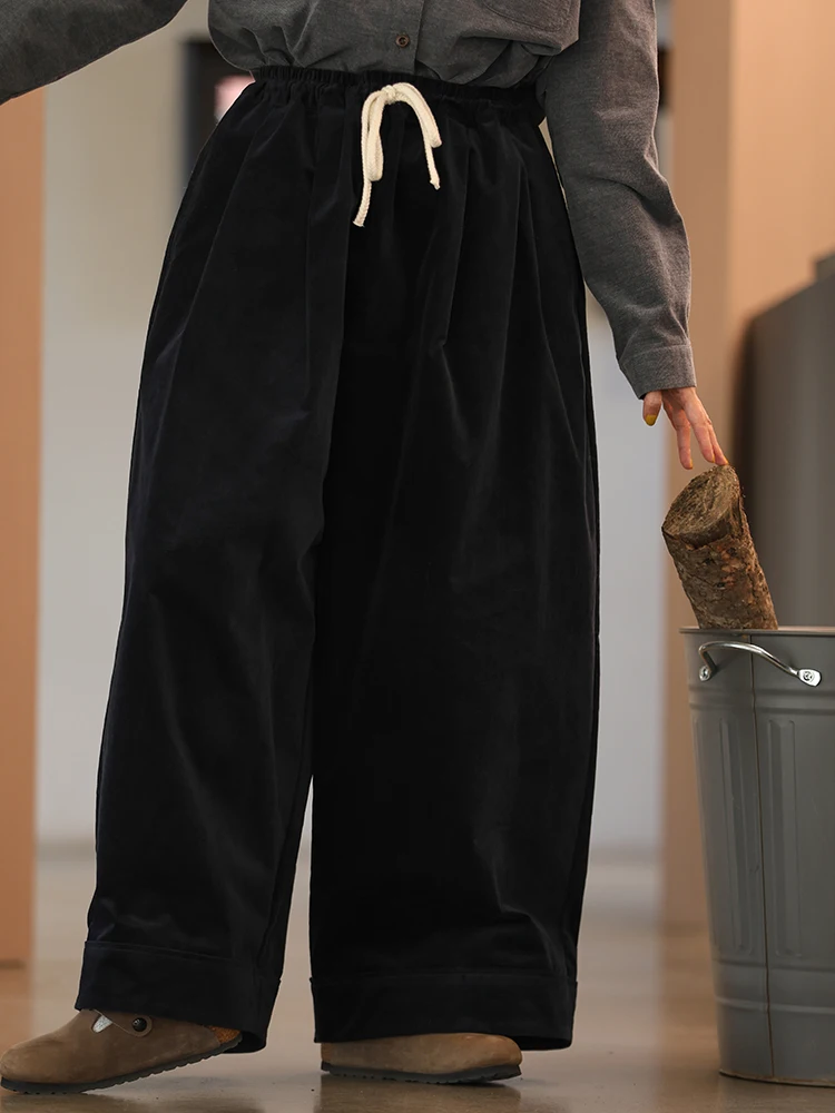 

Artistic Straight Leg Pants High Quali Cotton Flat Velvet Loose Casual Trousers Blue Bla Versatile Winter Faion