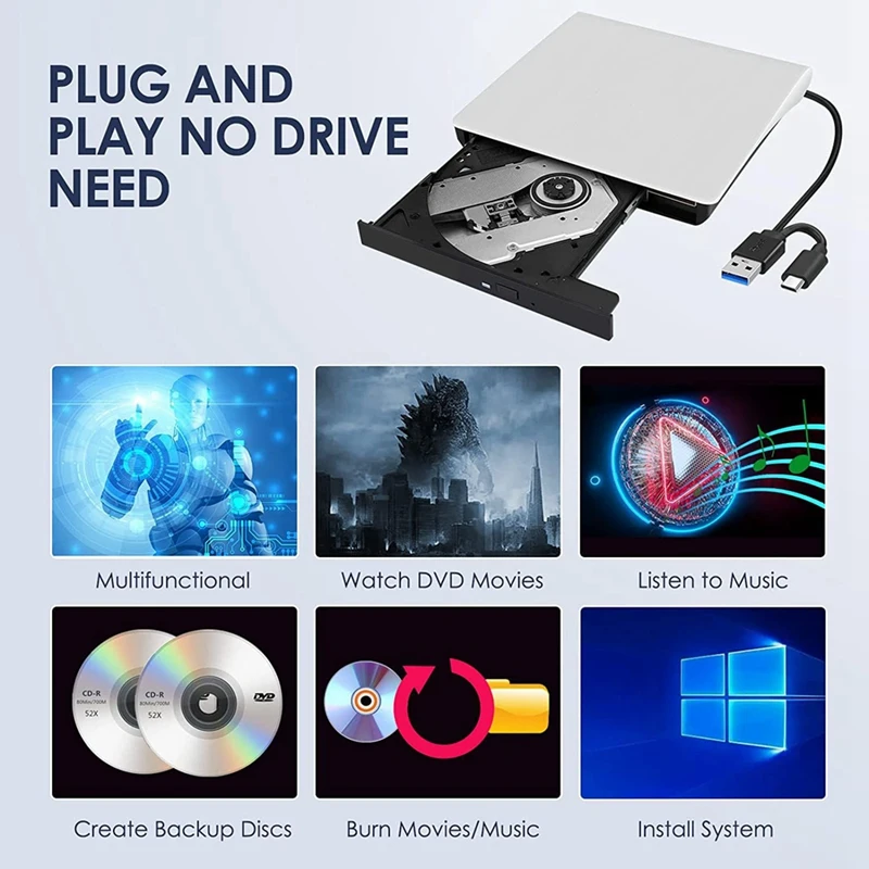 External CD DVD +/-RW Drive, USB 3.0 & USB-C Portable CD & DVD ROM Burner Player Reader Writer Rewriter Disc Drive