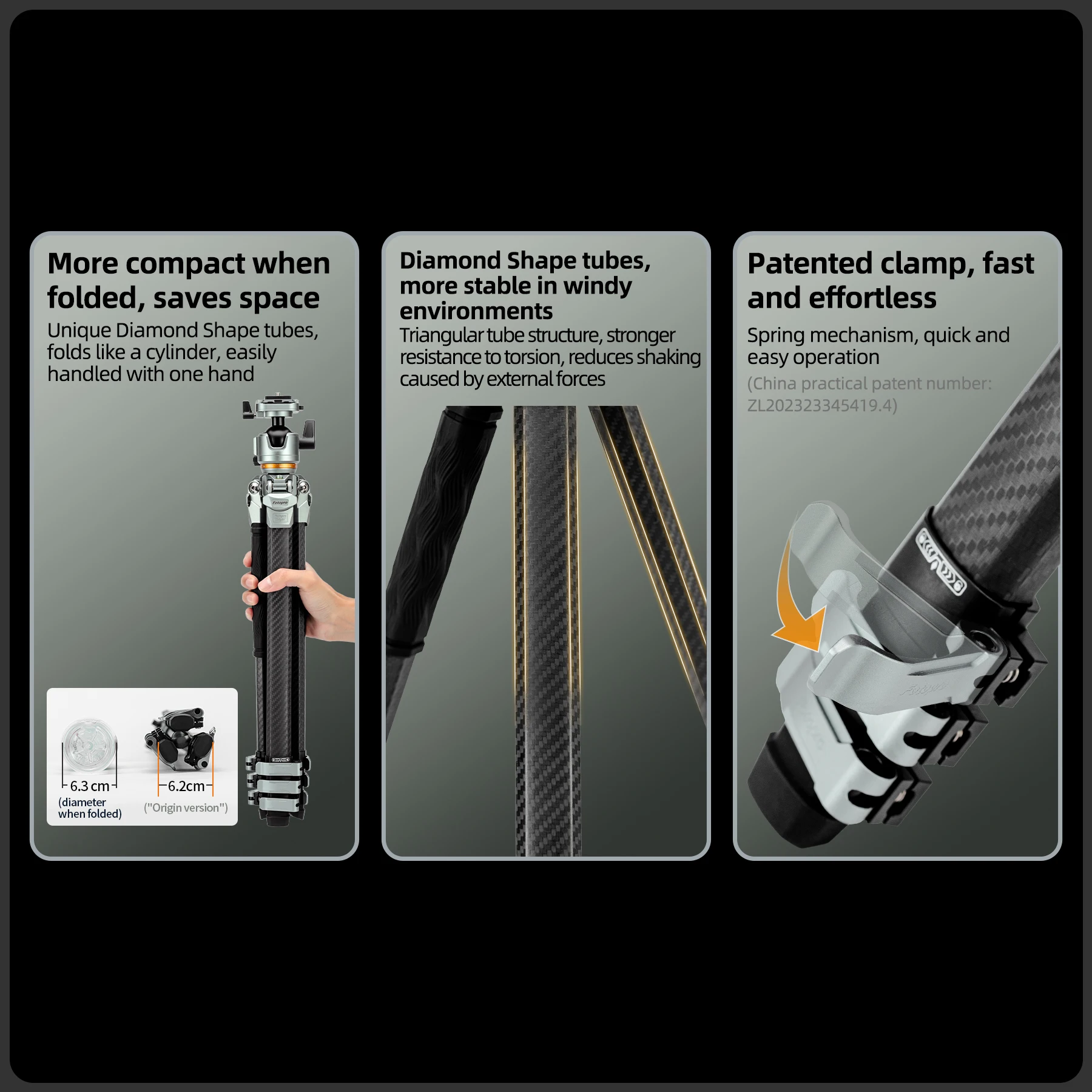 حامل ثلاثي القوائم من سلسلة Fotopro Origin المدمج من ألياف الكربون، حامل ثلاثي احترافي عالي التحمل للسفر للكاميرا بحد أقصى 33 رطلًا #5